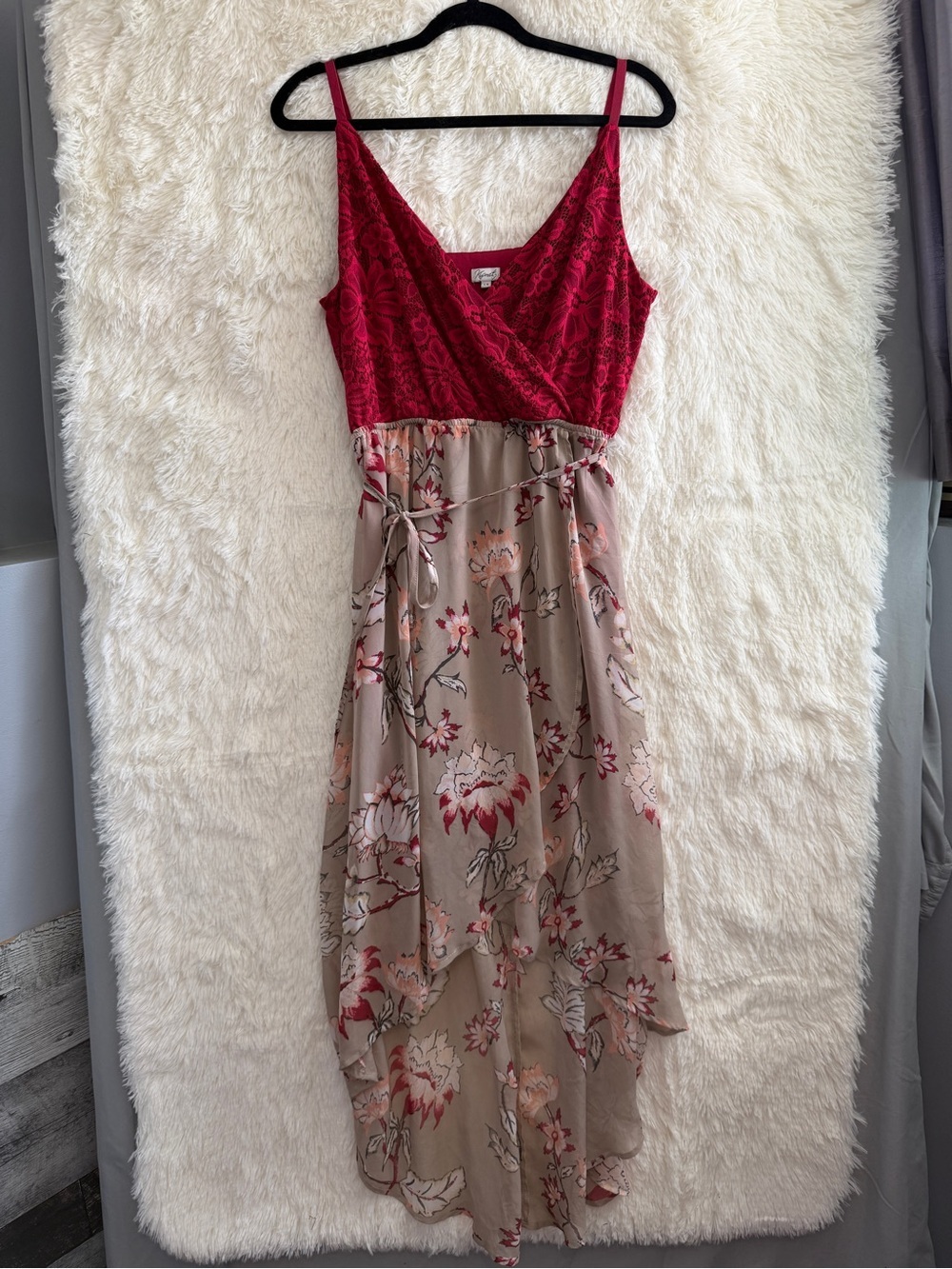 Kismet Womens Cottagecore Lace Babydoll Floral Midi Dress L Red Tan Hi Low Hem